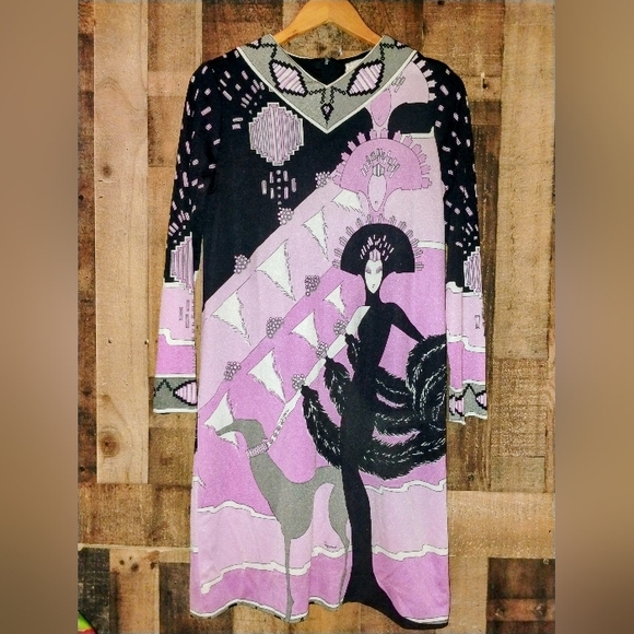 Vintage Gene Berk Paganne Dress Signed MOD 70s Midi Purple Black Rare Size 14 - Picture 3 of 15